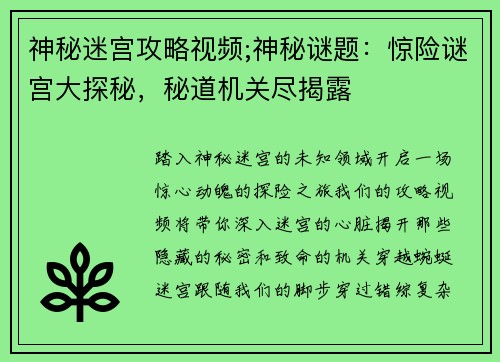 神秘迷宫攻略视频;神秘谜题：惊险谜宫大探秘，秘道机关尽揭露