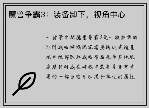 魔兽争霸3：装备卸下，视角中心
